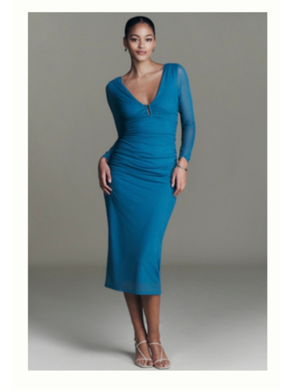 NWT By Anthropologie Deep V Hardware Midi Dress Lagoon Blue Small Ruched